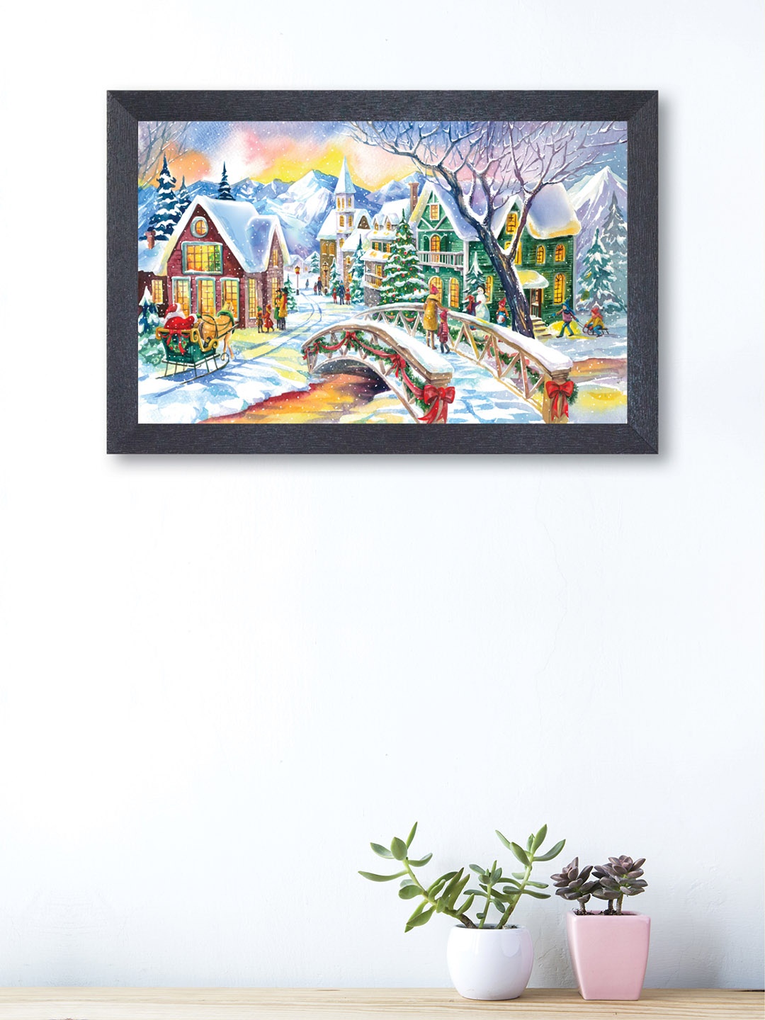 

nest ART White & Yellow Snowy Village Framed Painting
