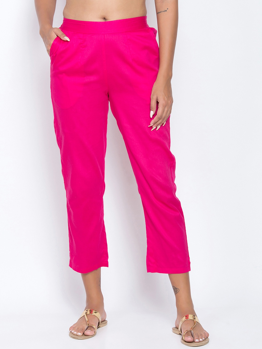 

Be Indi Women Fuchsia Pink Straight Fit Solid Cigarette Trousers