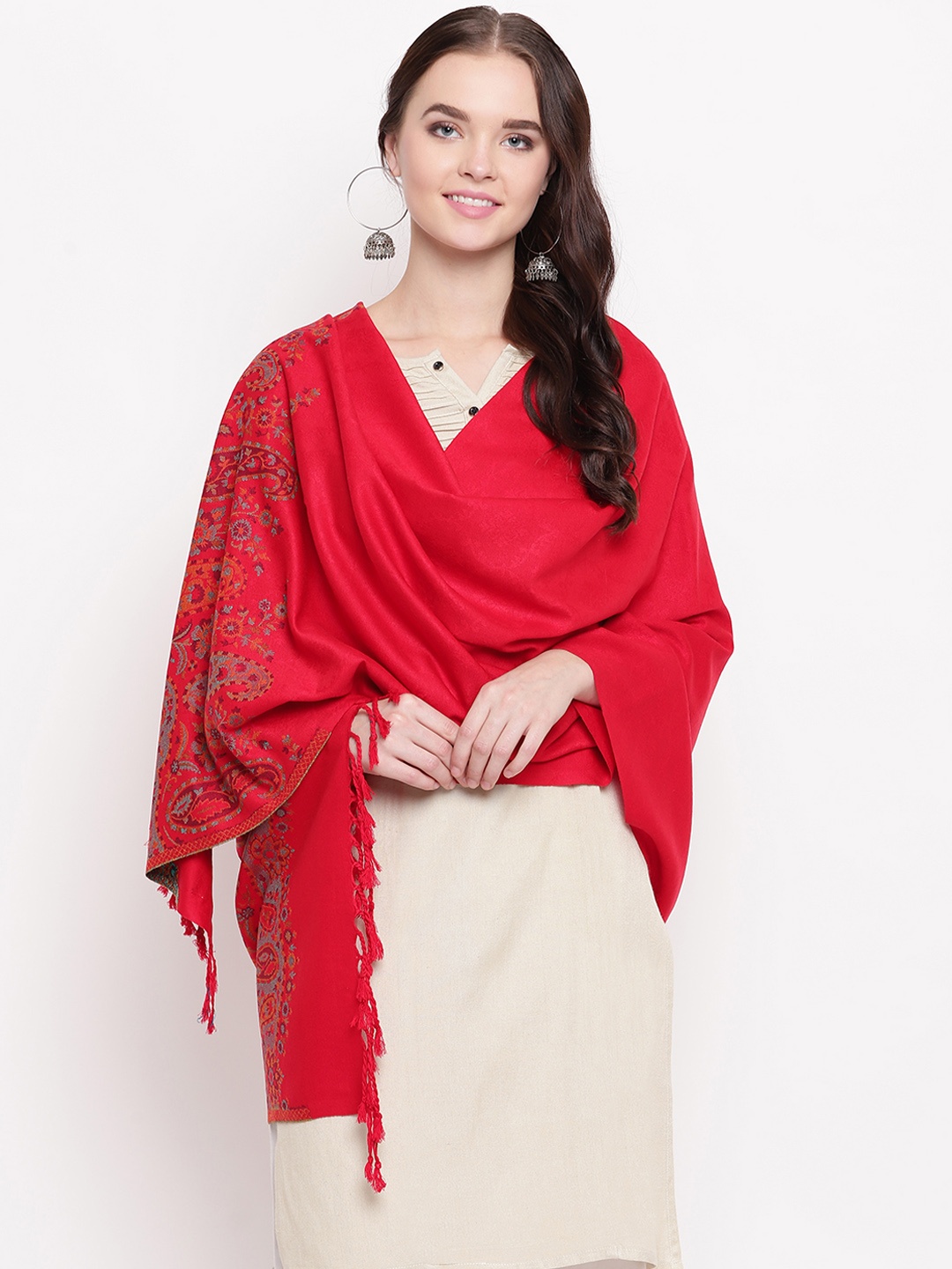 

HK colours of fashion Women Red Woven Design Stole