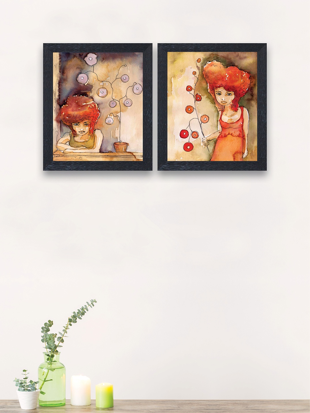 

nest ART Set of 2 Green and Orange Watercolor Abstract Woman Wood Wall Art