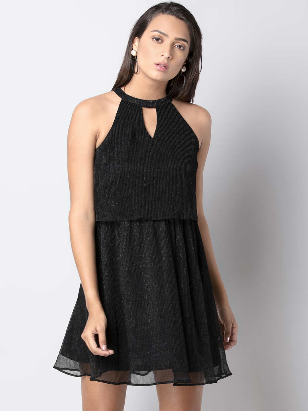 

FabAlley Women Black Self Design Fit and Flare Dress