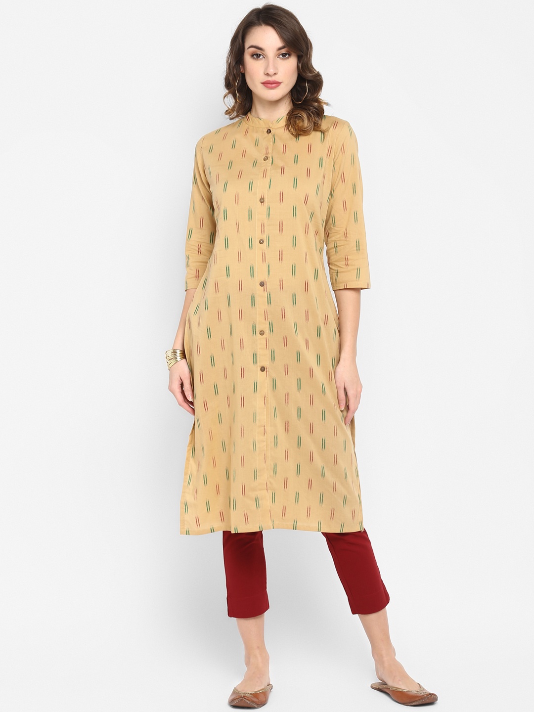 

Janasya Women Beige & Green Printed Straight Kurta