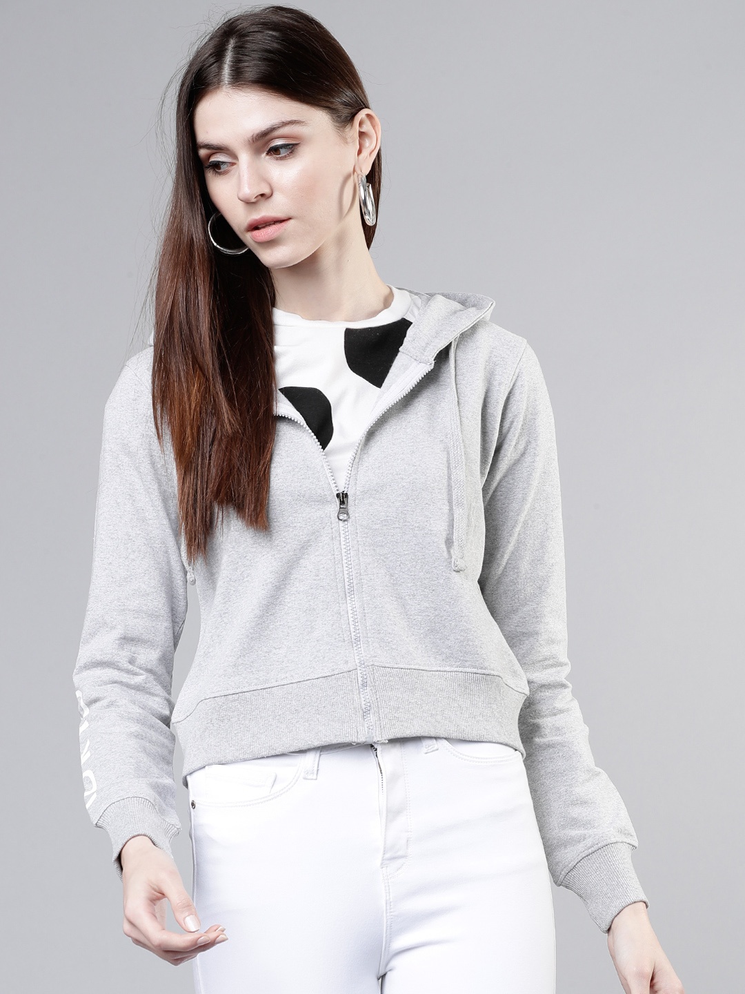 

Tokyo Talkies Women Grey Solid Hooded Sweatshirt