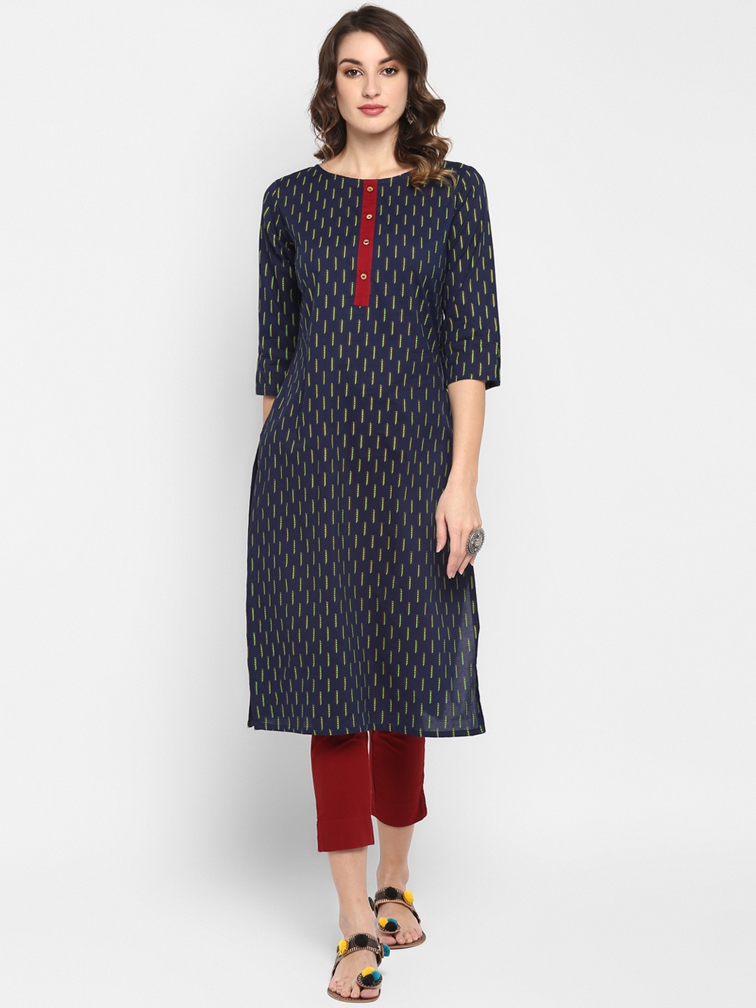 

Janasya Women Navy Blue & Green Printed Straight Kurta