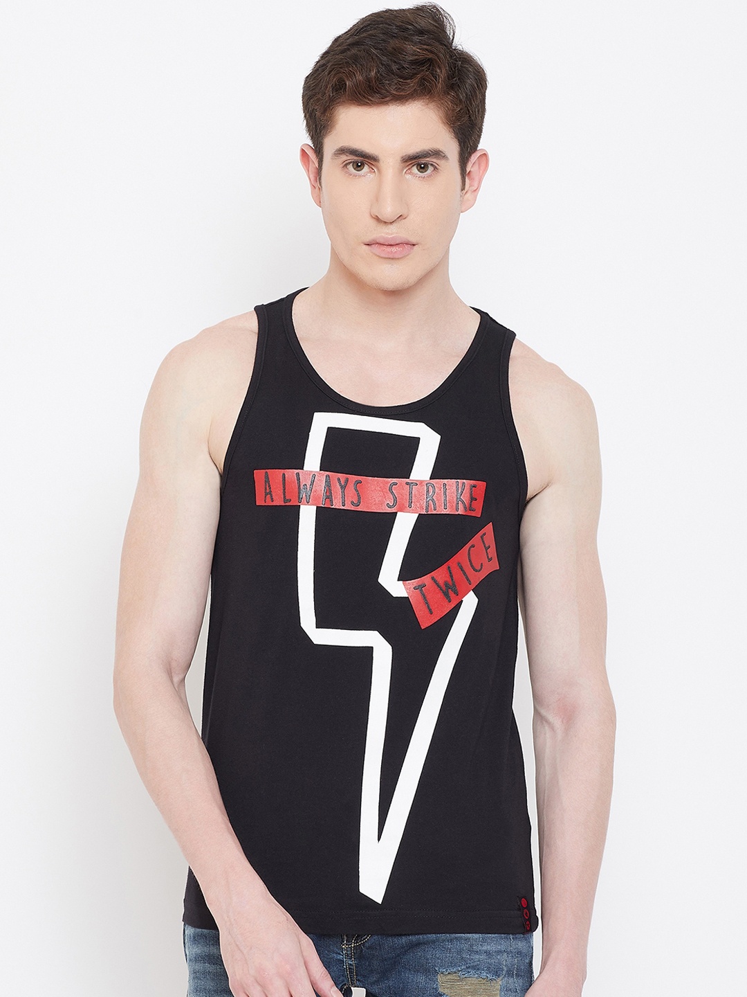 PUNK Men Black & White Printed Scoop Neck T-shirt
