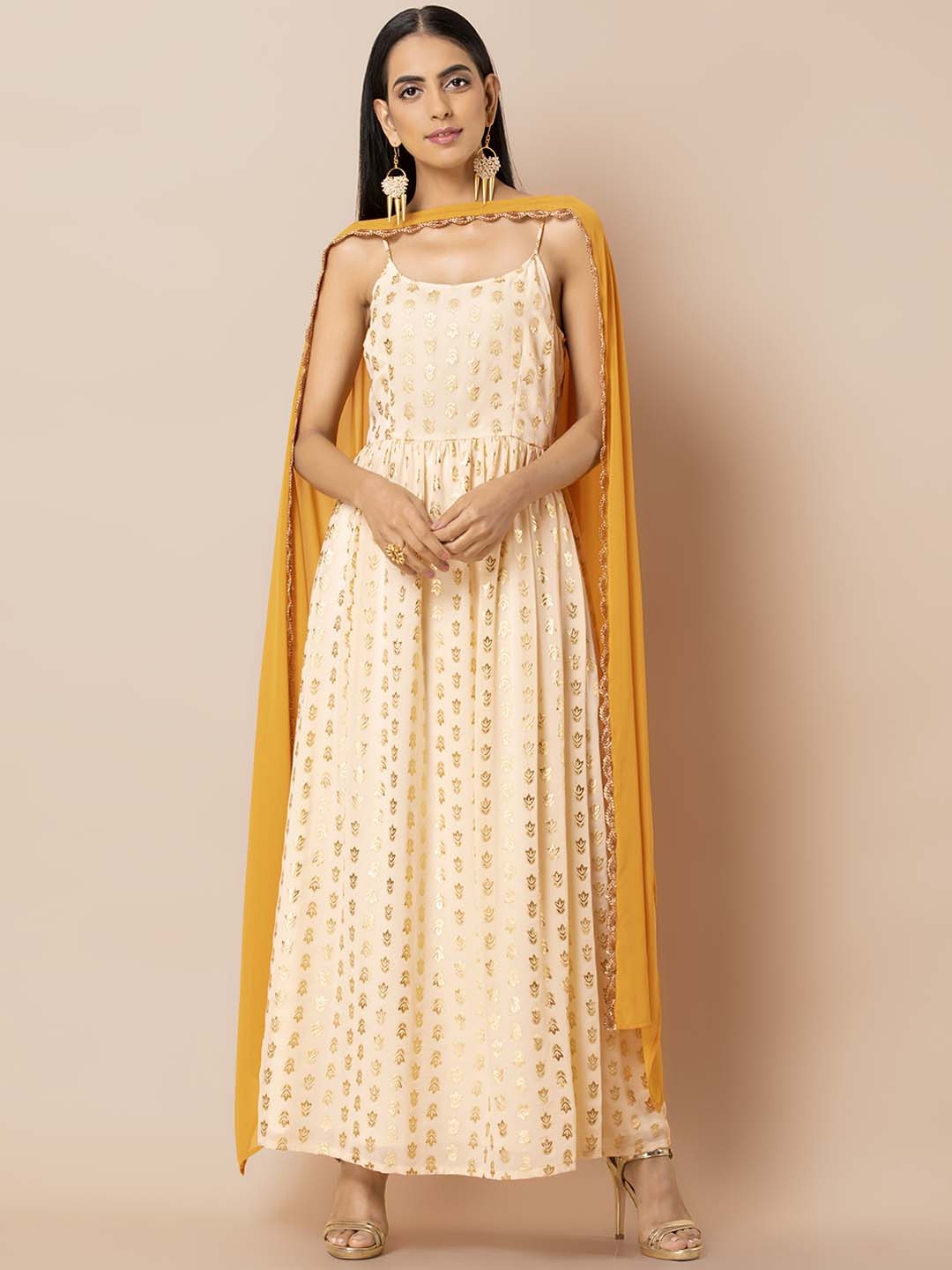 

INDYA Women Cream-Coloured & Golden Printed Maxi Dress with Attached Dupatta
