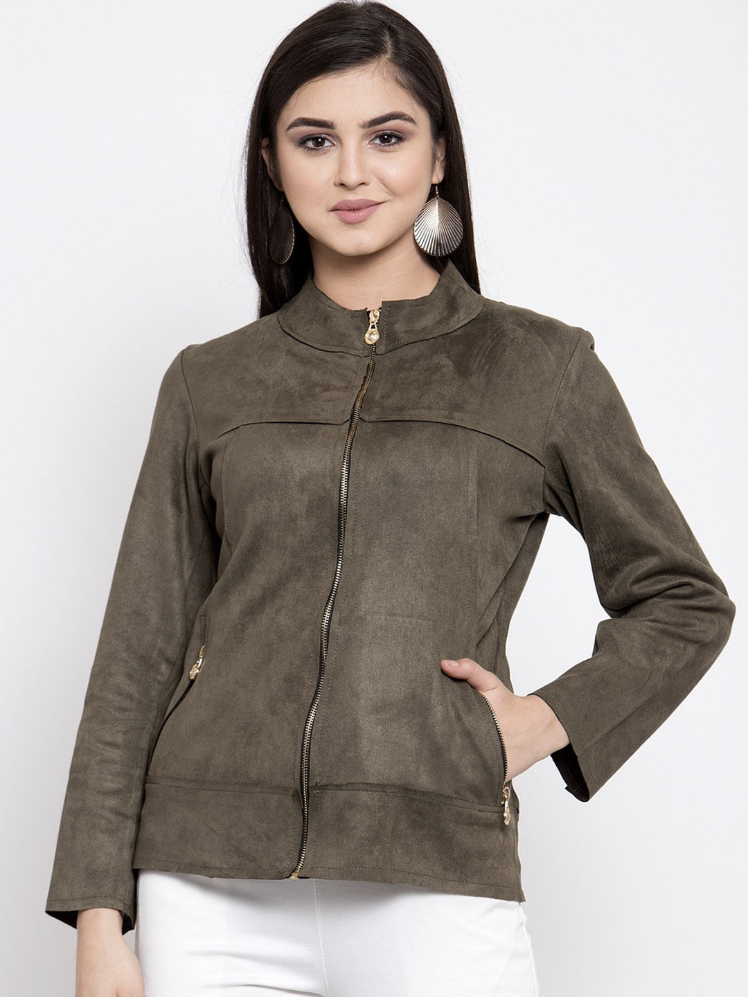 

Purple Feather Women Olive Green Solid Suede Tailored Jacket
