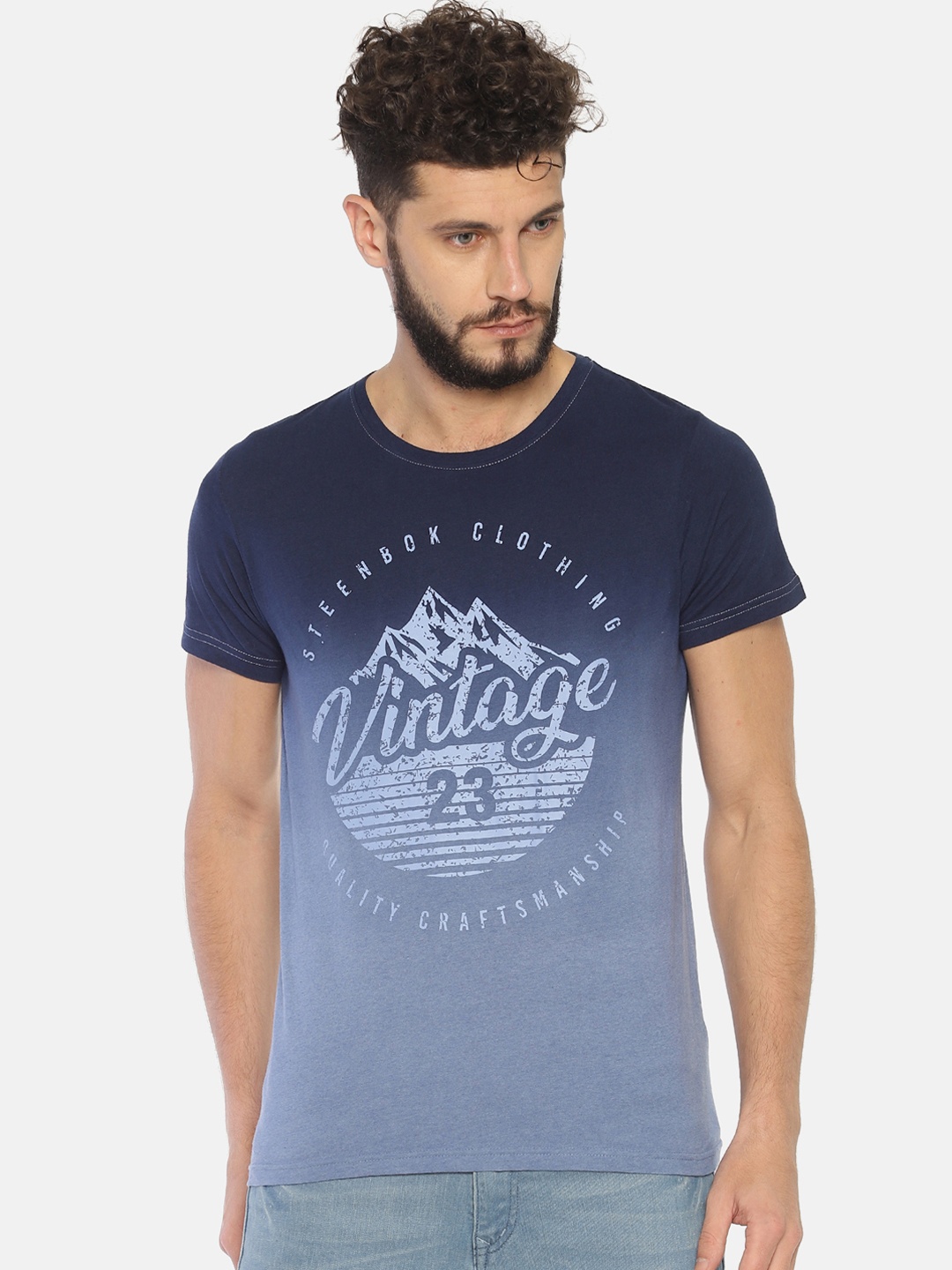 Steenbok Men Navy Blue Printed Round Neck T-shirt
