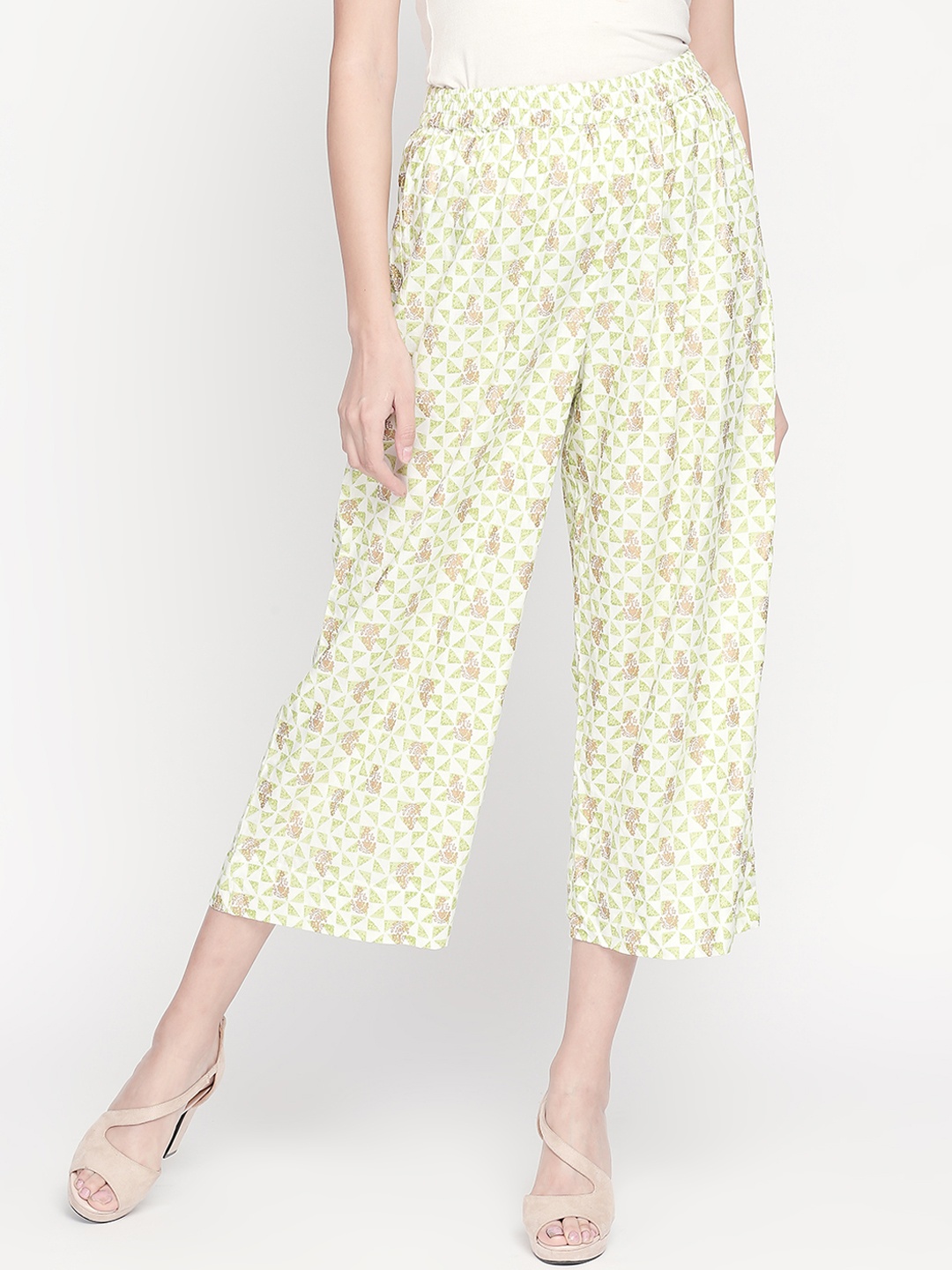 

RANGMANCH BY PANTALOONS Women Lime Green Regular Fit Printed Parallel Trousers