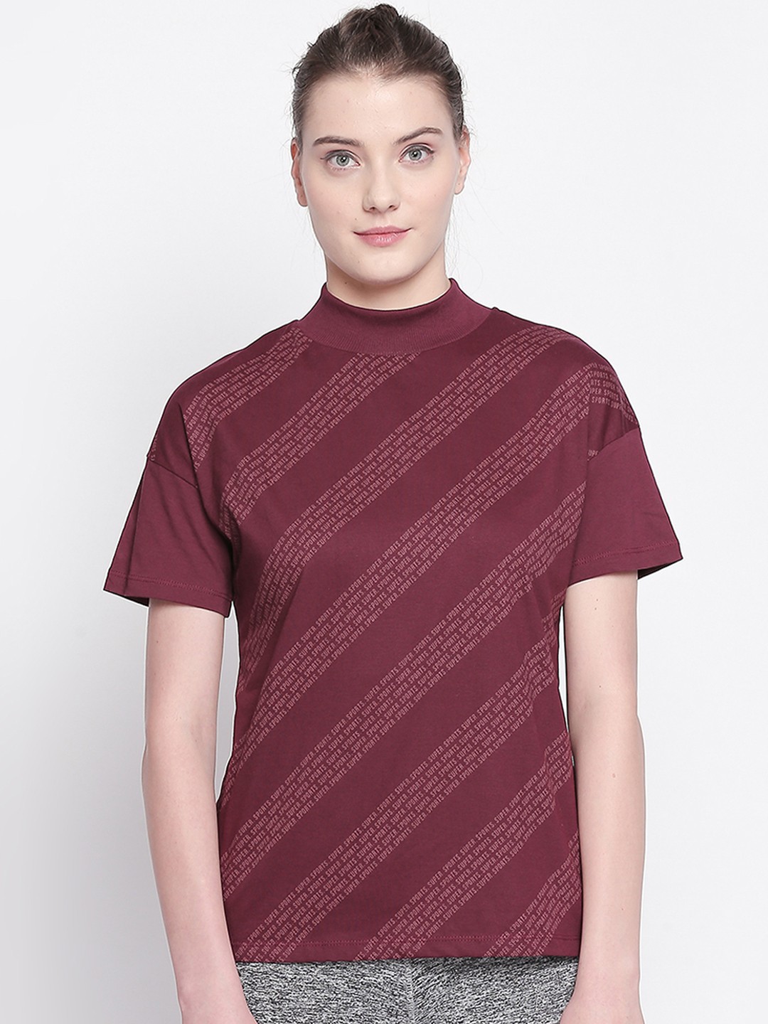 

Ajile by Pantaloons Women Maroon Printed High Neck Pure Cotton T-shirt
