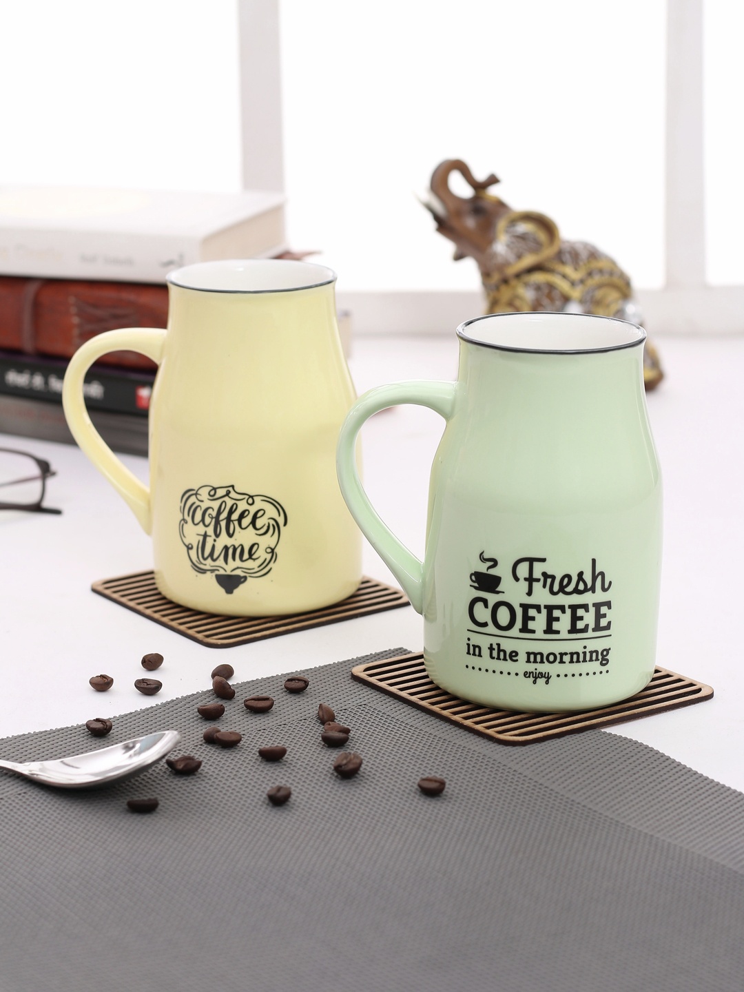 

JCPL Cream-Coloured & Green 2-Pieces Printed Porcelain Cups Set