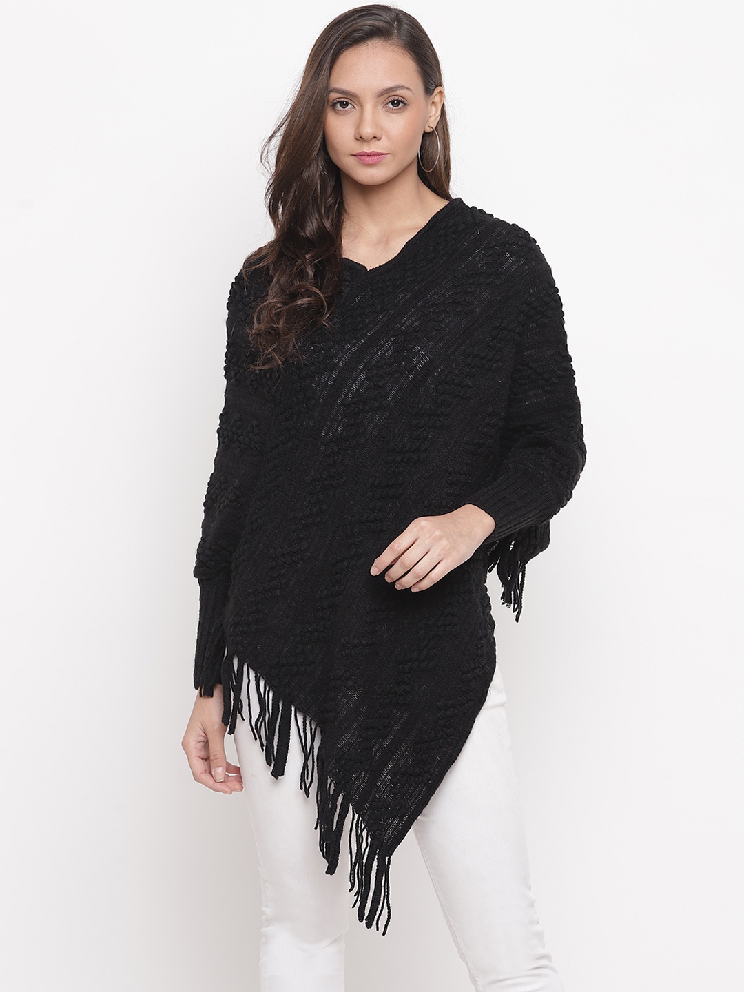 HK colours of fashion Women Black Self Design Poncho Sweater