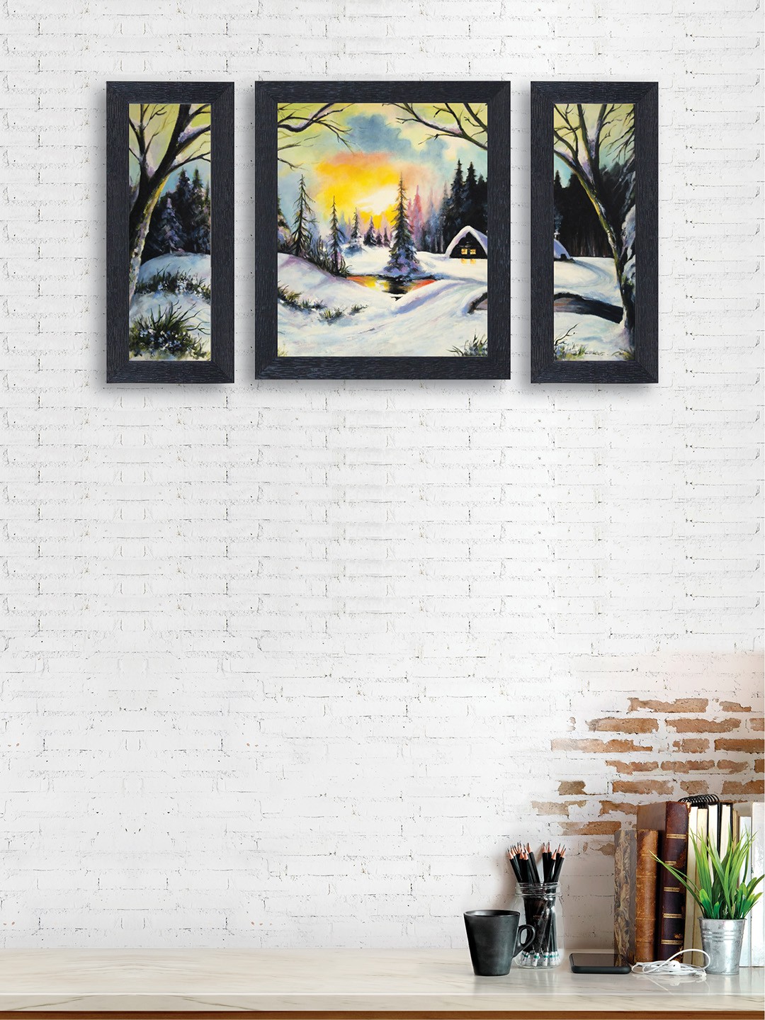 

nest ART Set of 3 Yellow & White Snowy Scenery Framed Paintings