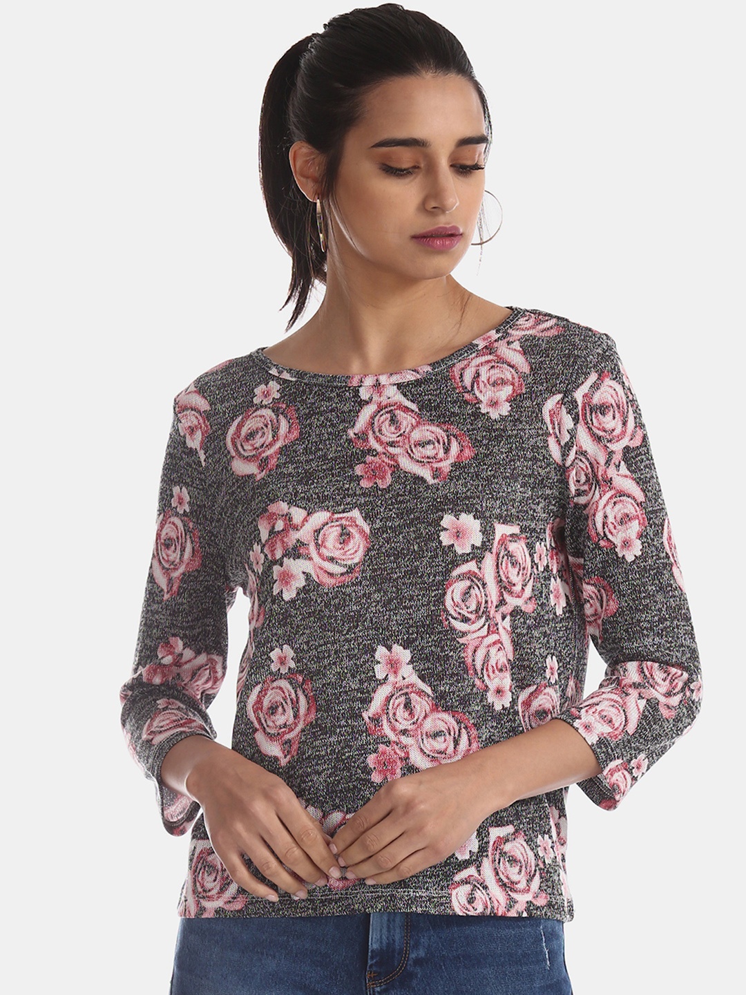 

Flying Machine Women Grey Floral Print Boxy Top