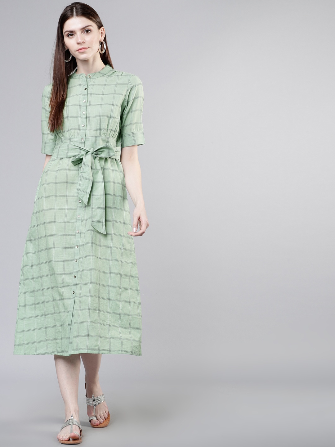 

Vishudh Women Green Checked Shirt Dress