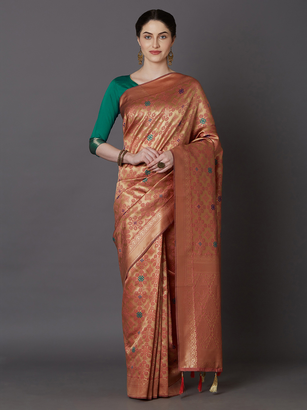 

Mitera Orange Silk Blend Woven Design Kanjeevaram Saree