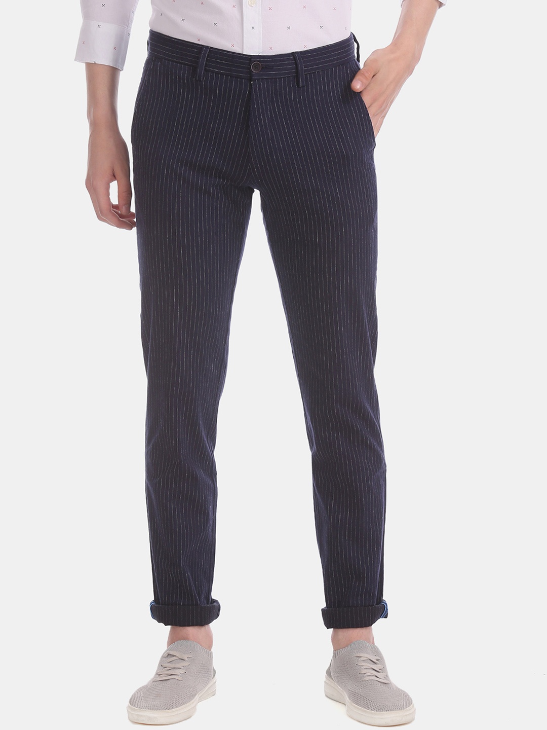 

Arrow Sport Men Navy Blue Slim Fit Striped Regular Trousers