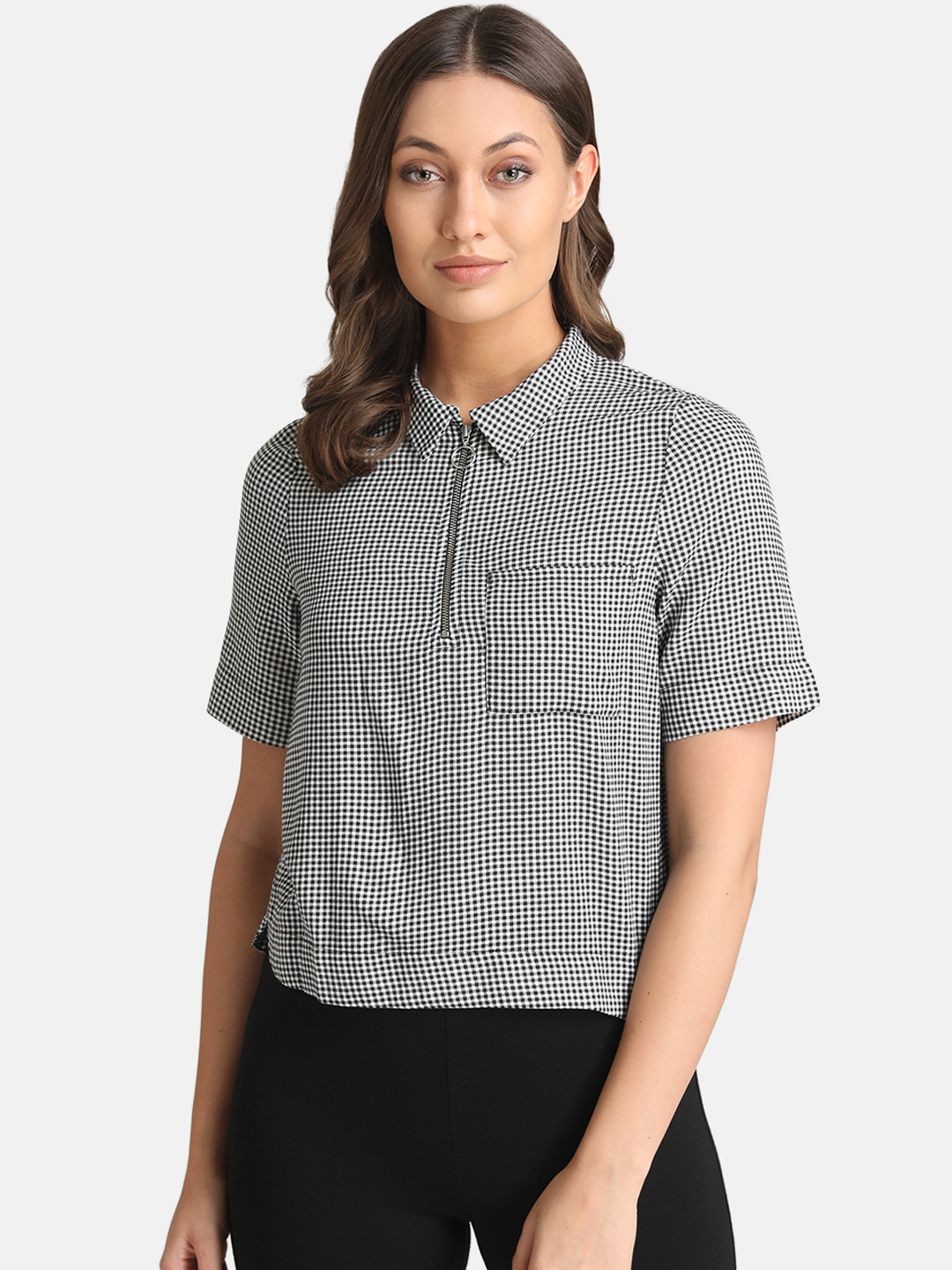 

Kazo Women Black Checked Shirt Style Top