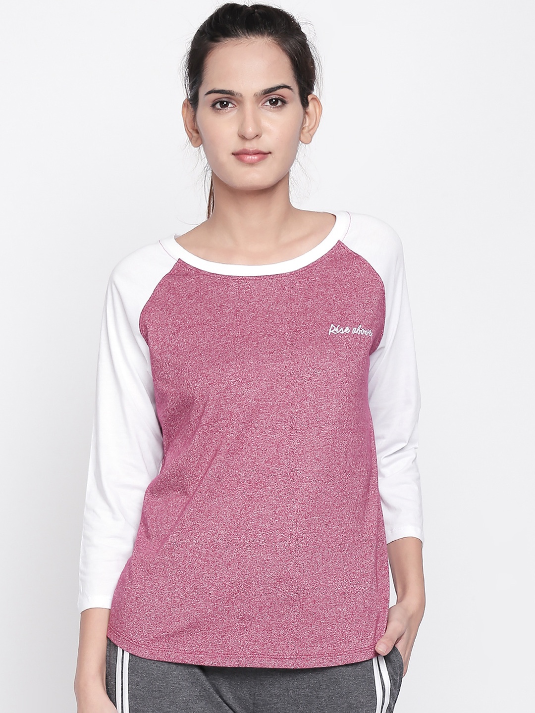 

Ajile by Pantaloons Women Magenta White Solid Round Neck Pure Cotton T-shirt