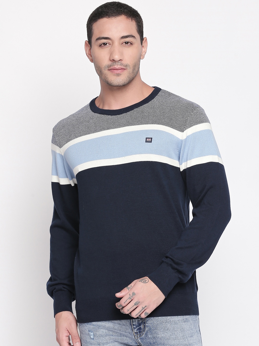 

BYFORD by Pantaloons Men Navy Blue Colourblocked Pullover Sweater