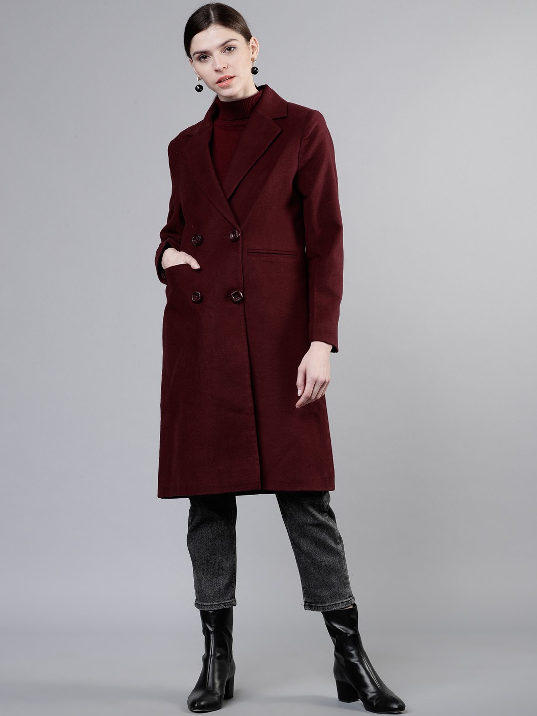 

Tokyo Talkies Women Burgundy Solid Double-Breasted Wrap Coat