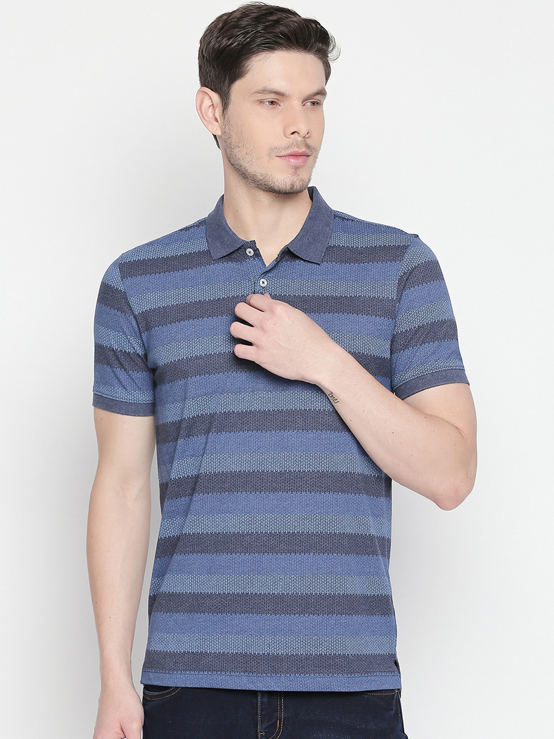

BYFORD by Pantaloons Men Blue Striped Polo Collar T-shirt