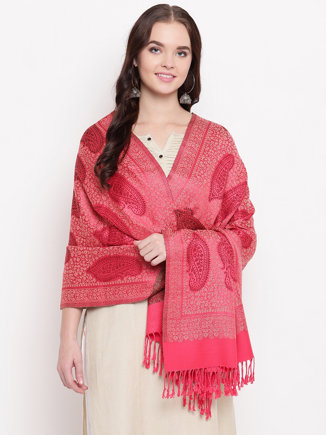 

HK colours of fashion Women Coral Pink Woven Design Stole