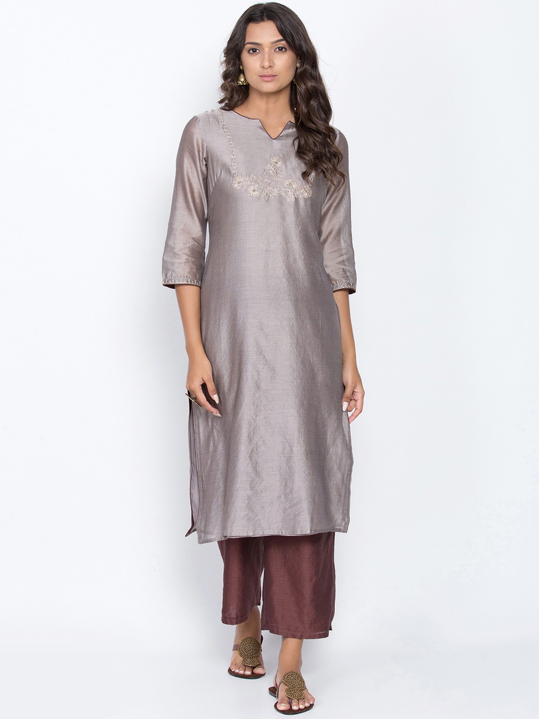 

Be Indi Women Grey & Brown Embroidered Chanderi Kurta with Palazzos