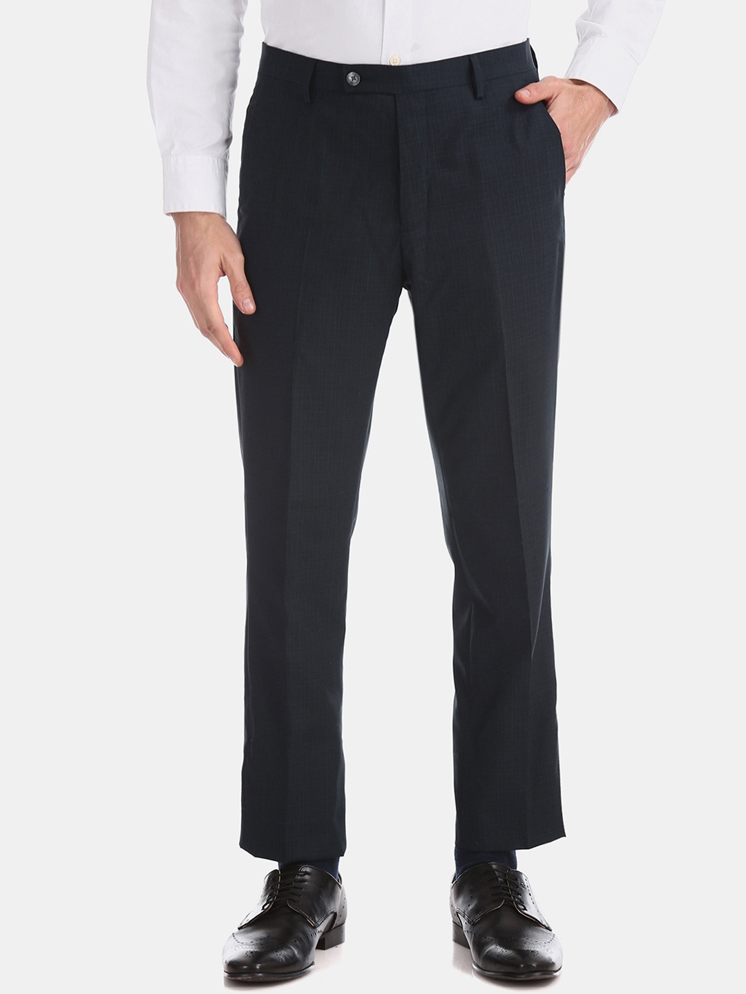 Arrow New York Men Navy Blue Tapered Fit Checked Formal Trousers