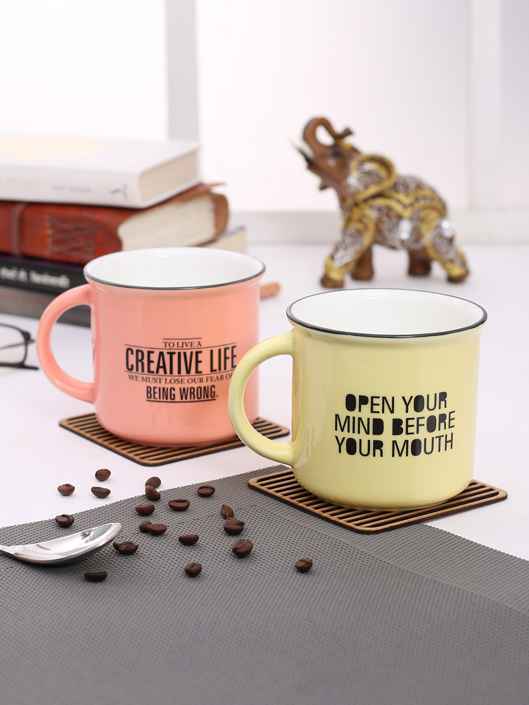

JCPL Yellow & Peach-Coloured 2-Pieces Printed Porcelain Cups Set
