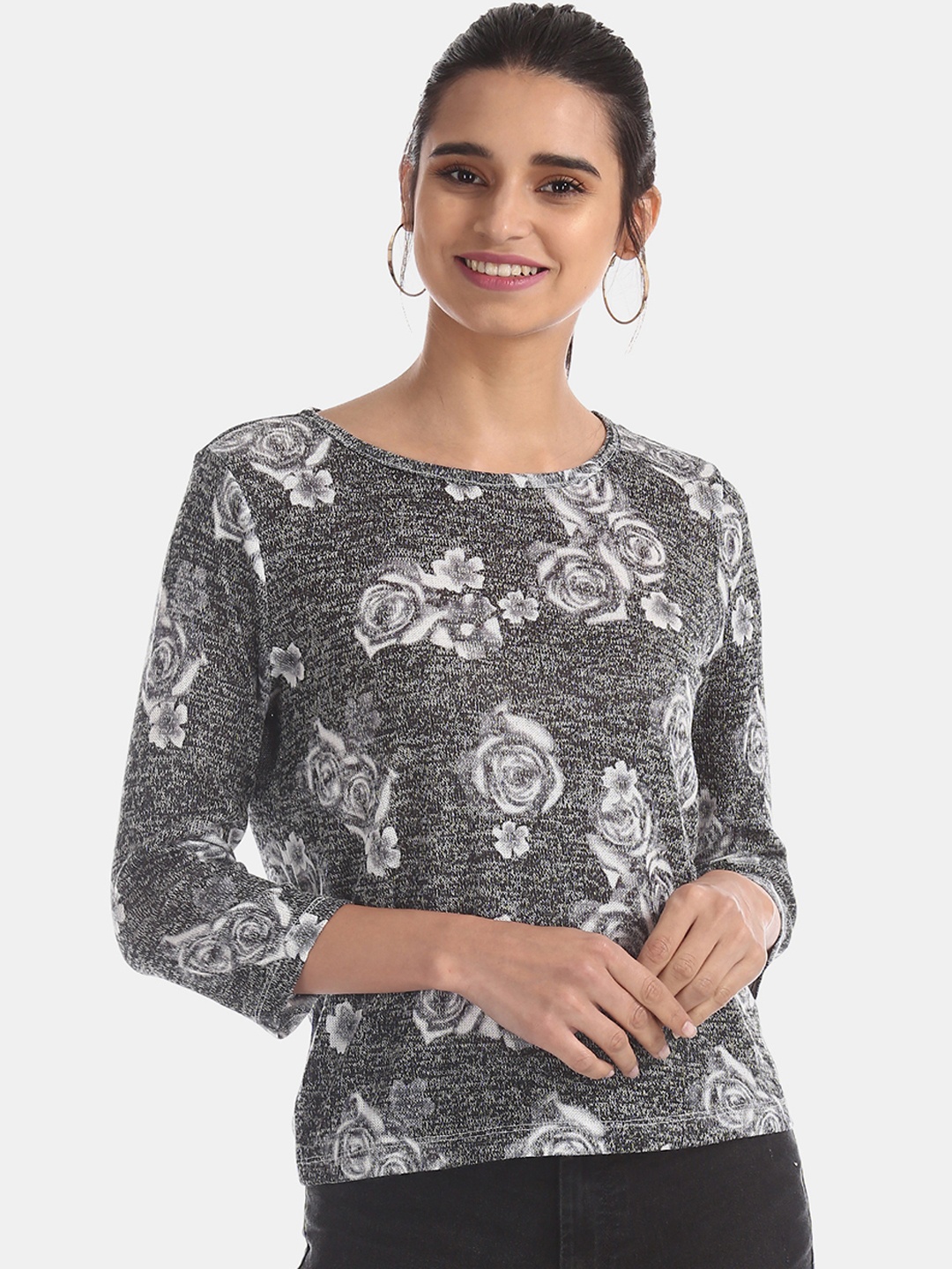 

Flying Machine Women Grey Printed Boxy Top