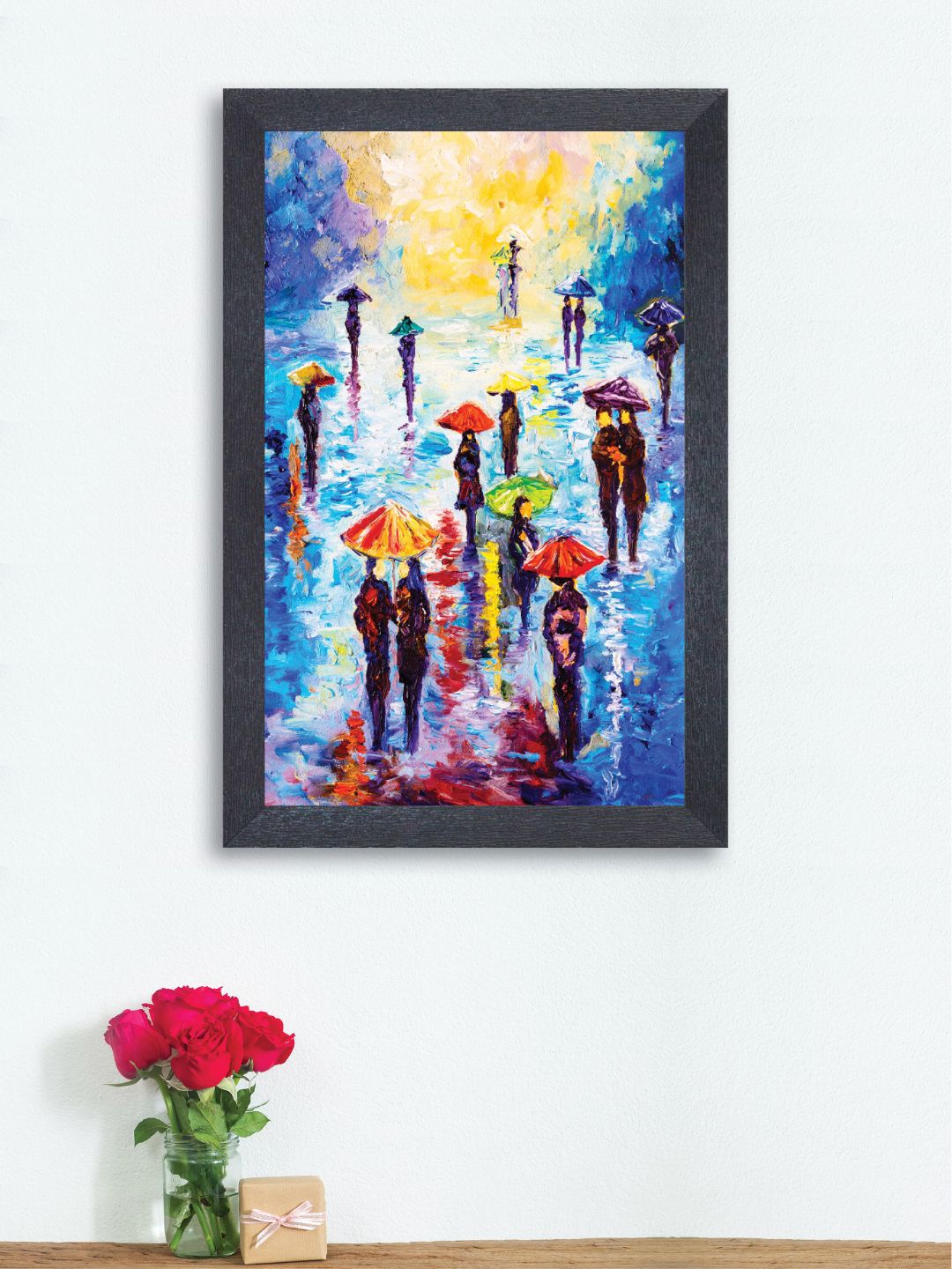 

nest ART Blue & Yellow People Walking in the Rainy Night Synthetic Wood Wall Art