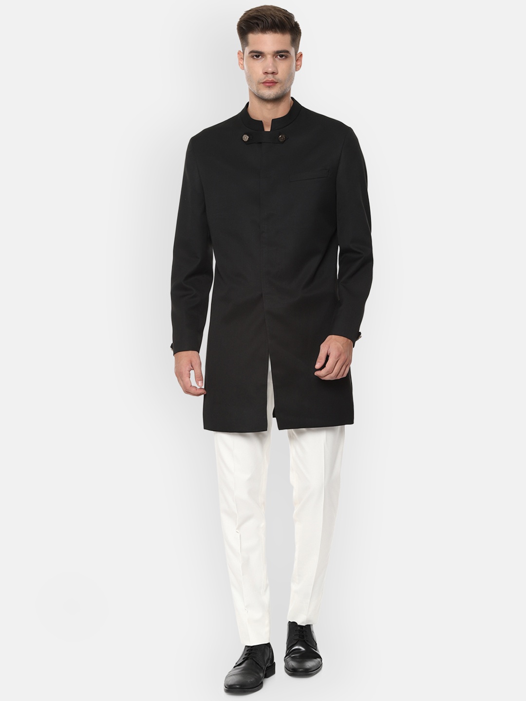 

V Dot Men Black & Off-White Solid Single-Breasted Slim-Fit Bandhgala Suit
