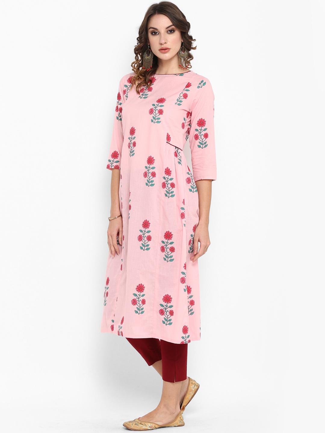 

Janasya Women Pink & Green Printed Straight Kurta