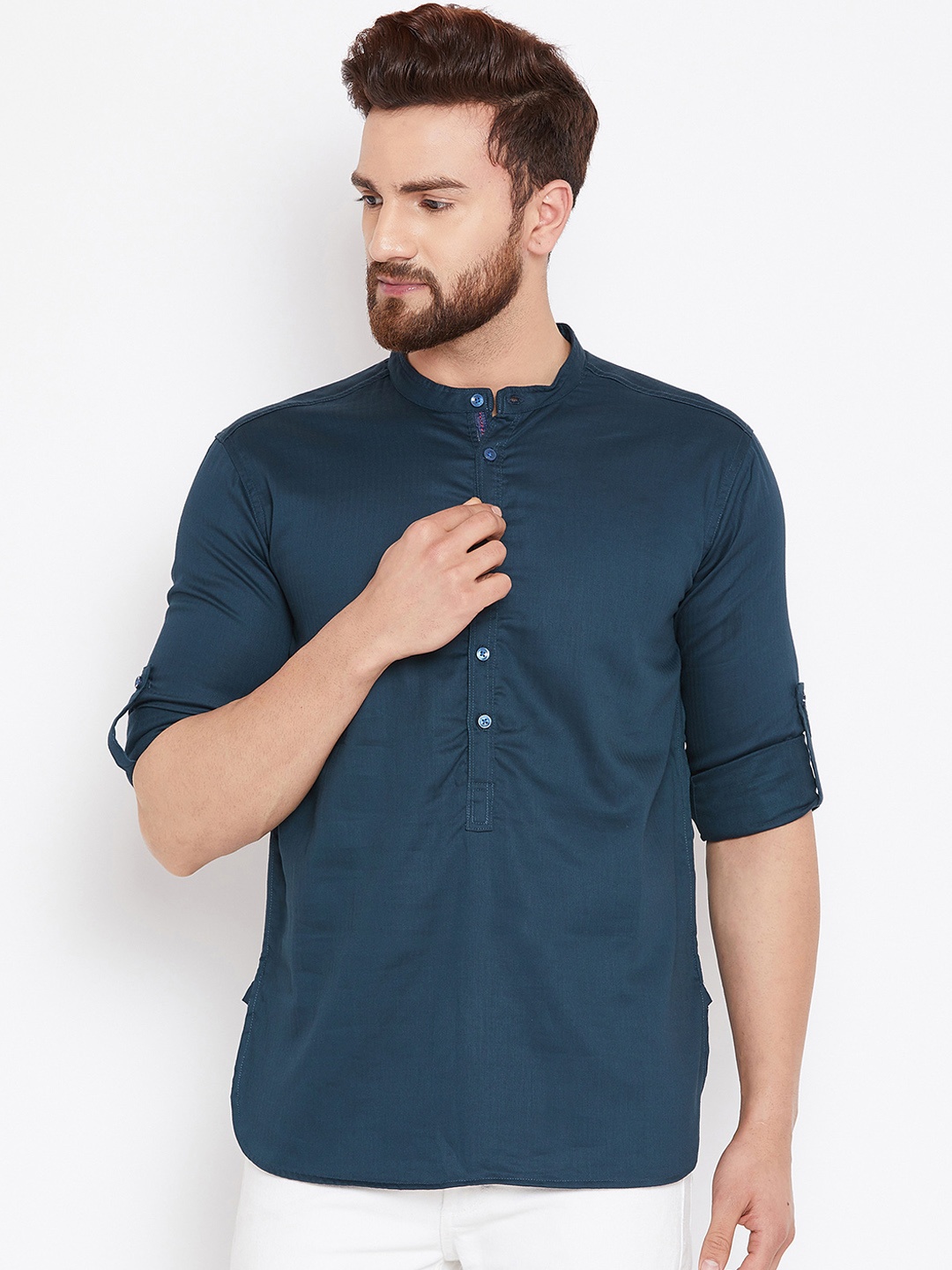 

even Men Teal & Green Woven Design Straight Kurta