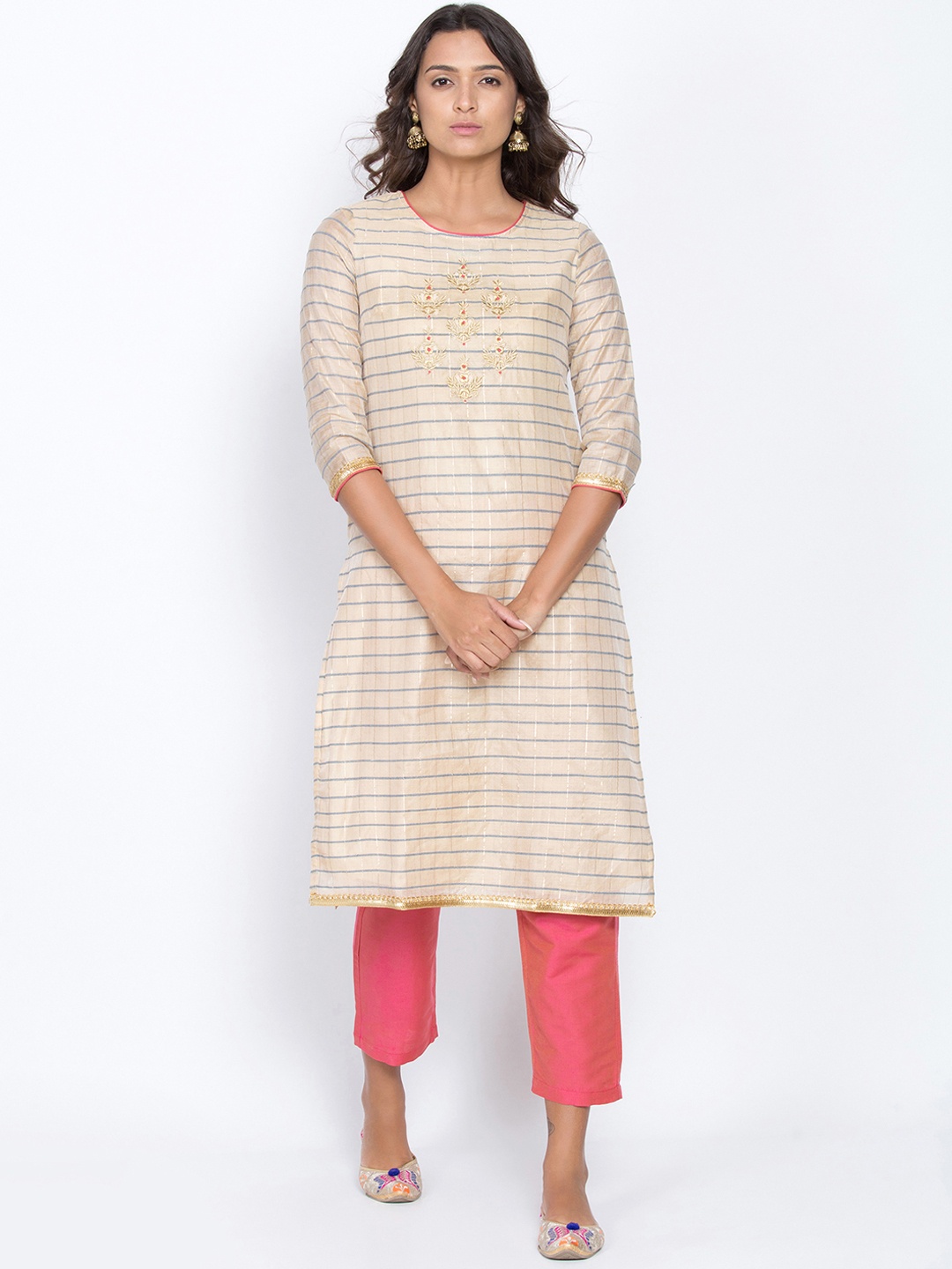 Be Indi Women Beige & Grey Self Design Kurta with Trouser