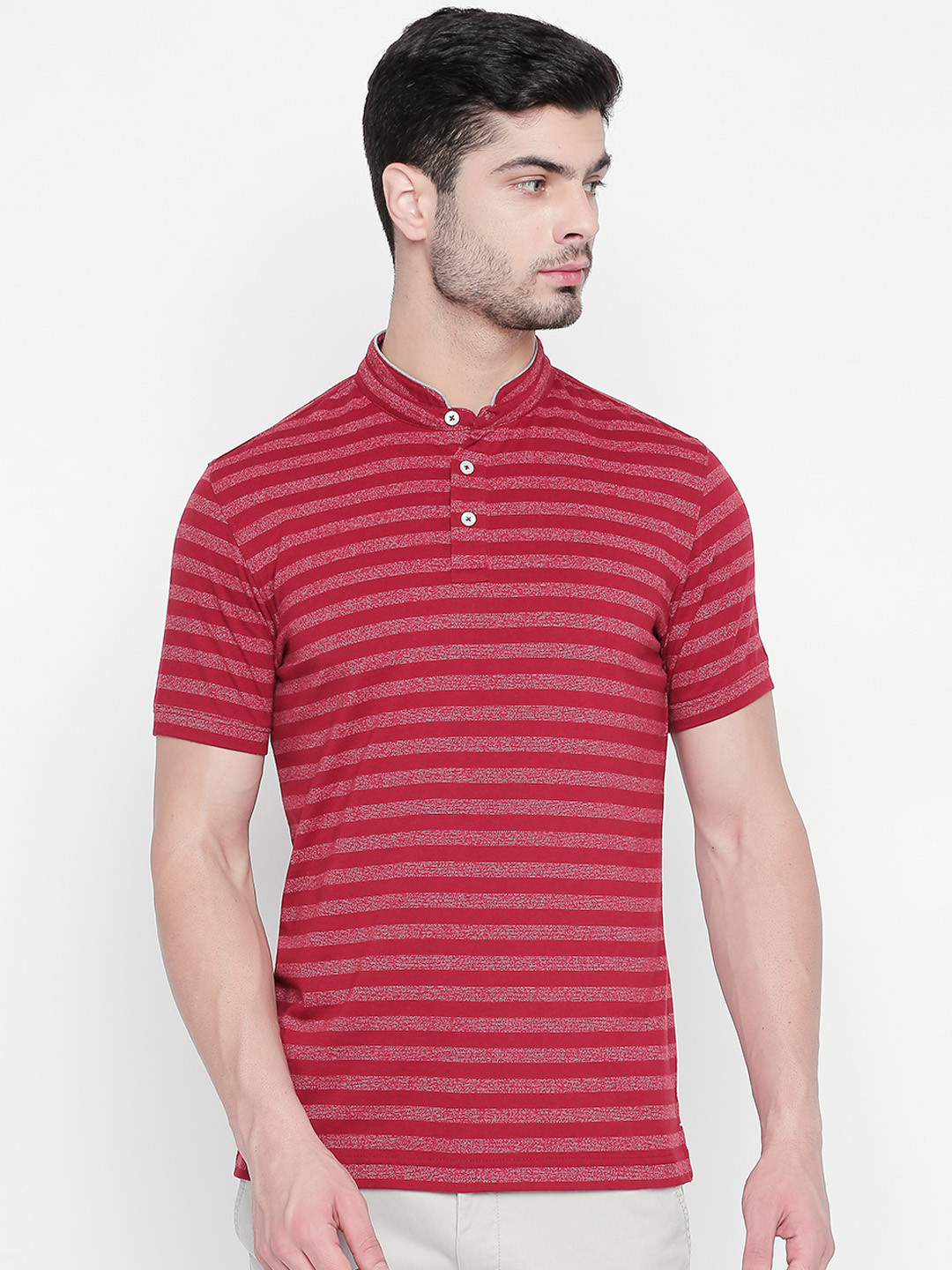 

BYFORD by Pantaloons Men Red Striped Henley Neck T-shirt