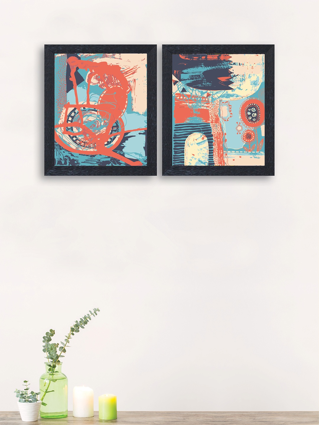 

nest ART Set of 2 Turquoise Blue & Peach-Coloured Textured Frame Abstract Wall Art