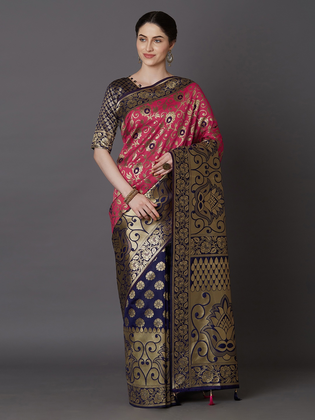 

Mitera Pink & Blue Silk Blend Woven Design Kanjeevaram Saree