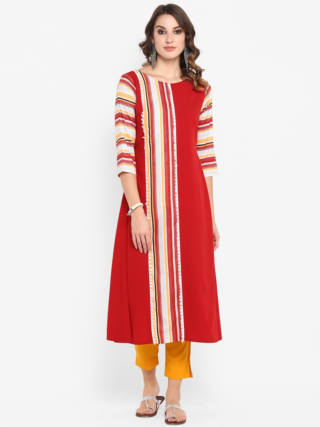 

Janasya Women Red & White Striped A-Line Kurta