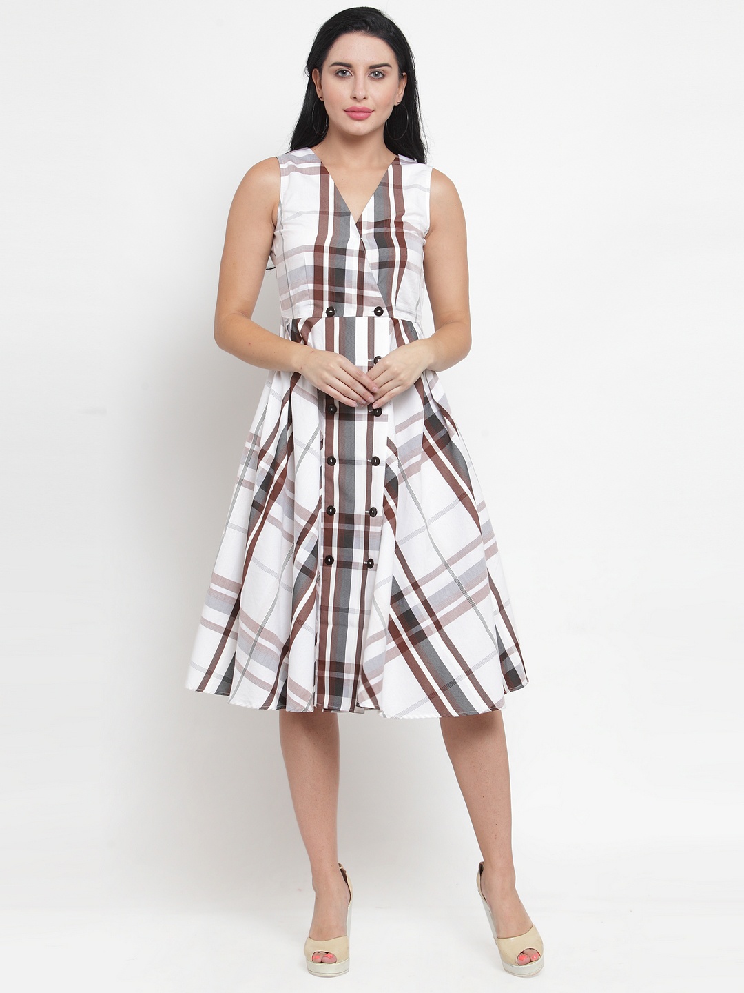 

Purple State Women White & Grey Checked Fit and Flare Dress