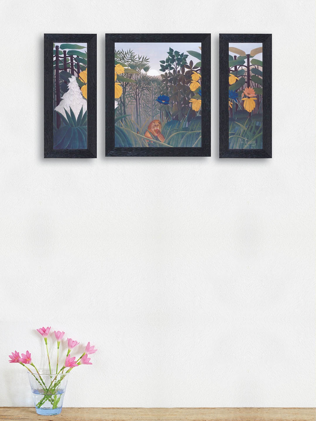 

nest ART Set of 3 Green & Yellow Lion In Forest Framed Painting