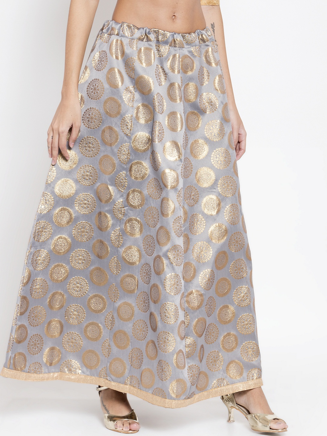 

Clora Creation Women Grey & Gold-Coloured Ethnic Banarasi Silk Flared Maxi Skirt