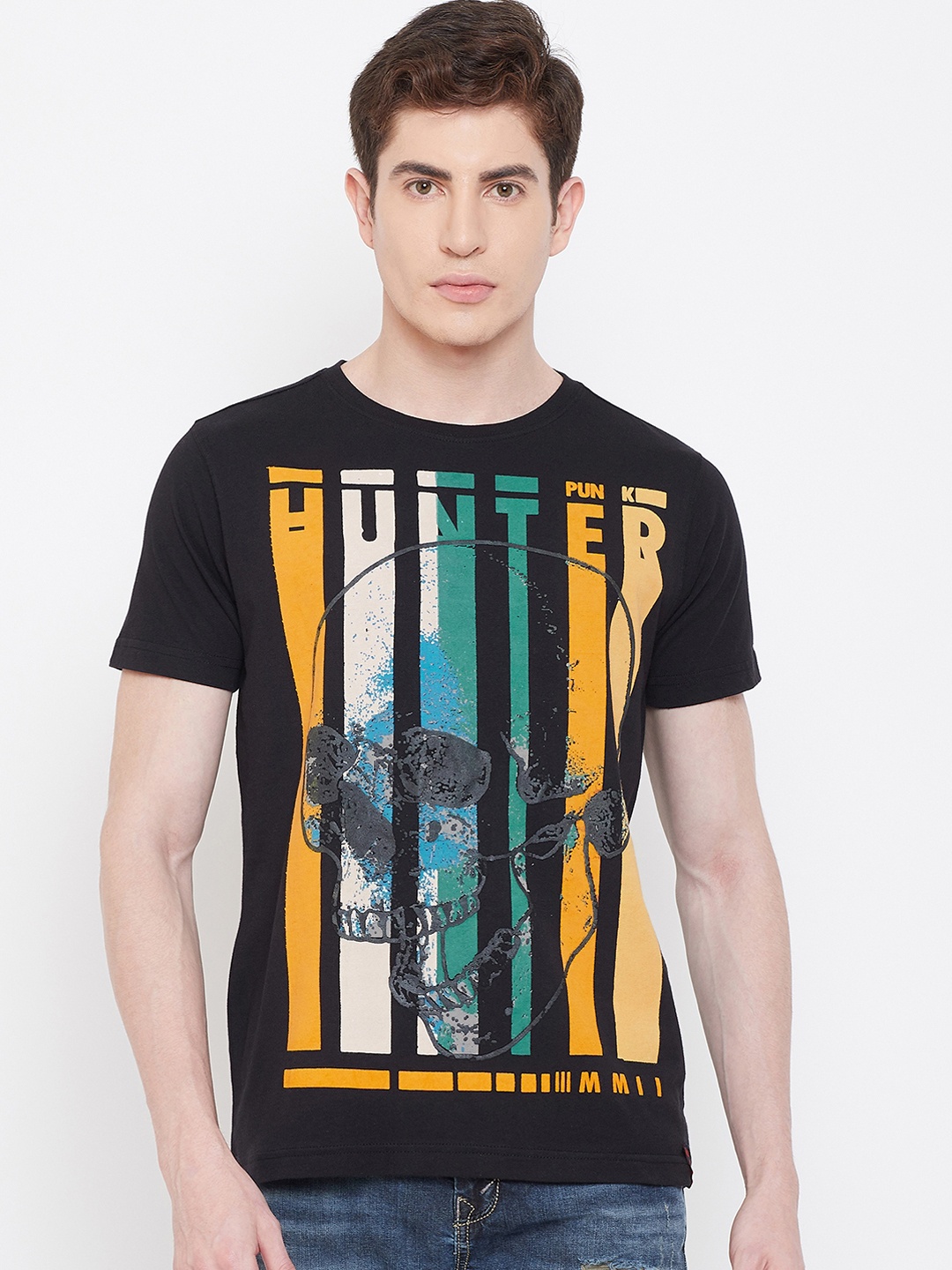 PUNK Men Black Printed Round Neck T-shirt