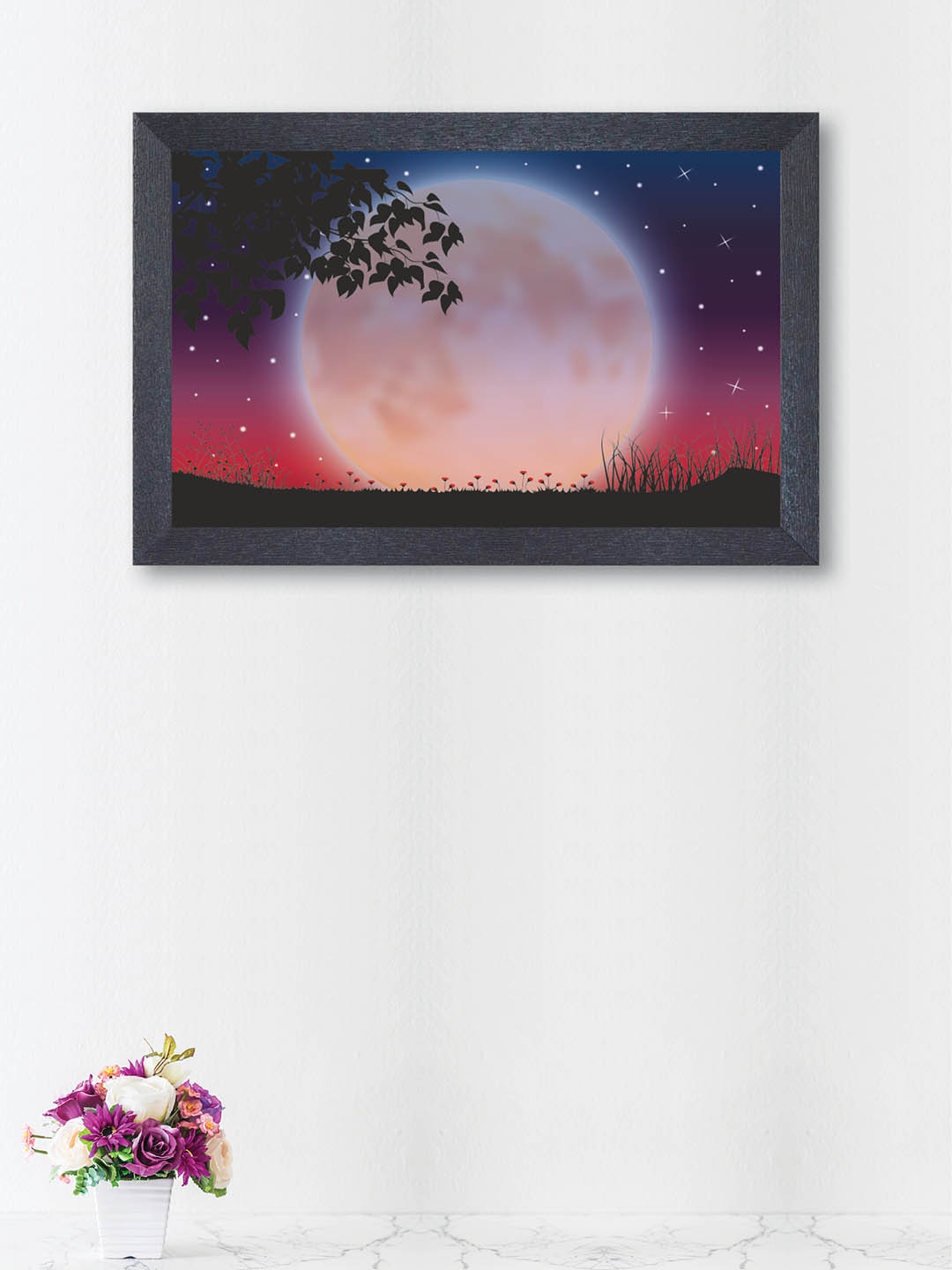

nest ART Navy Blue & Pink Moon Landscape Framed Painting