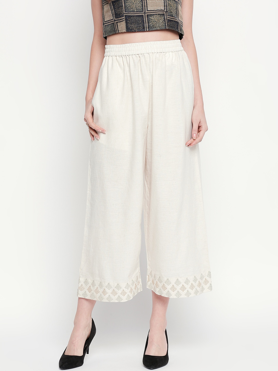 

RANGMANCH BY PANTALOONS Women Off-White Regular Fit Printed Parallel Trousers