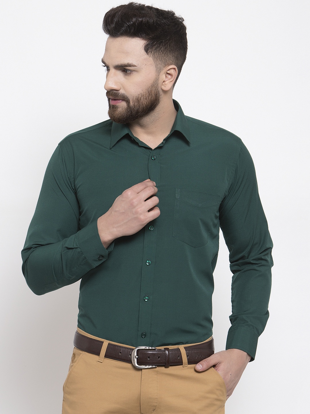 

English Navy Men Green Slim Fit Solid Formal Shirt