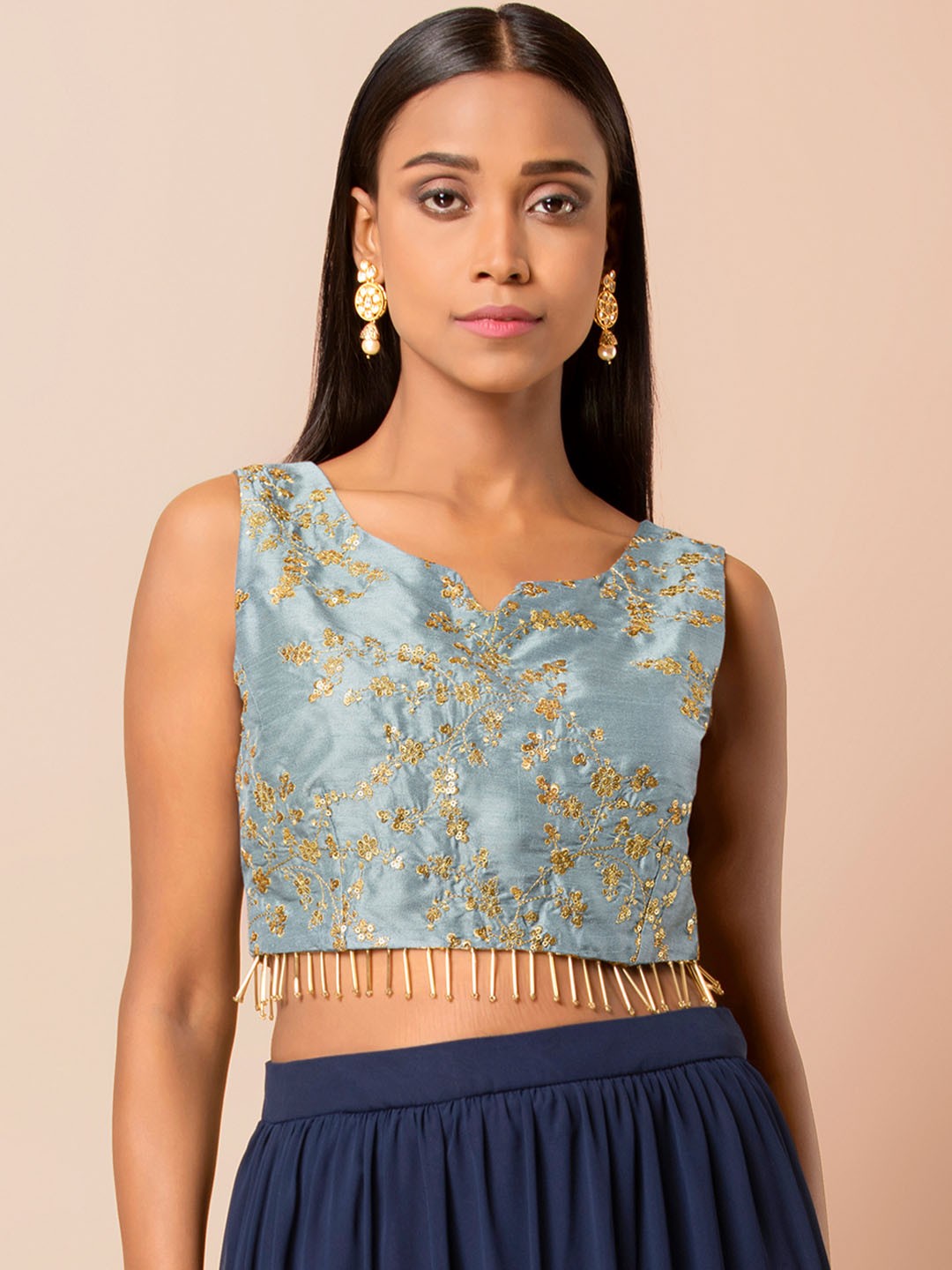 

INDYA Women Grey & Gold-Coloured Embroidered Crop Top