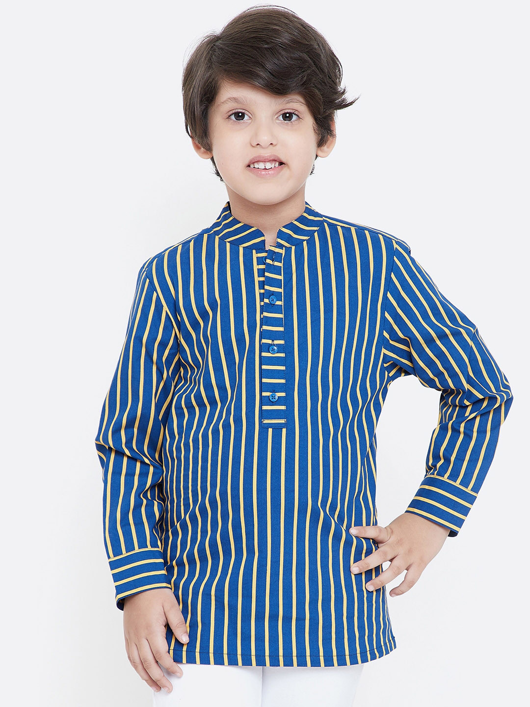 

KIDKLO Boys Blue & Yellow Regular Fit Striped Shirt