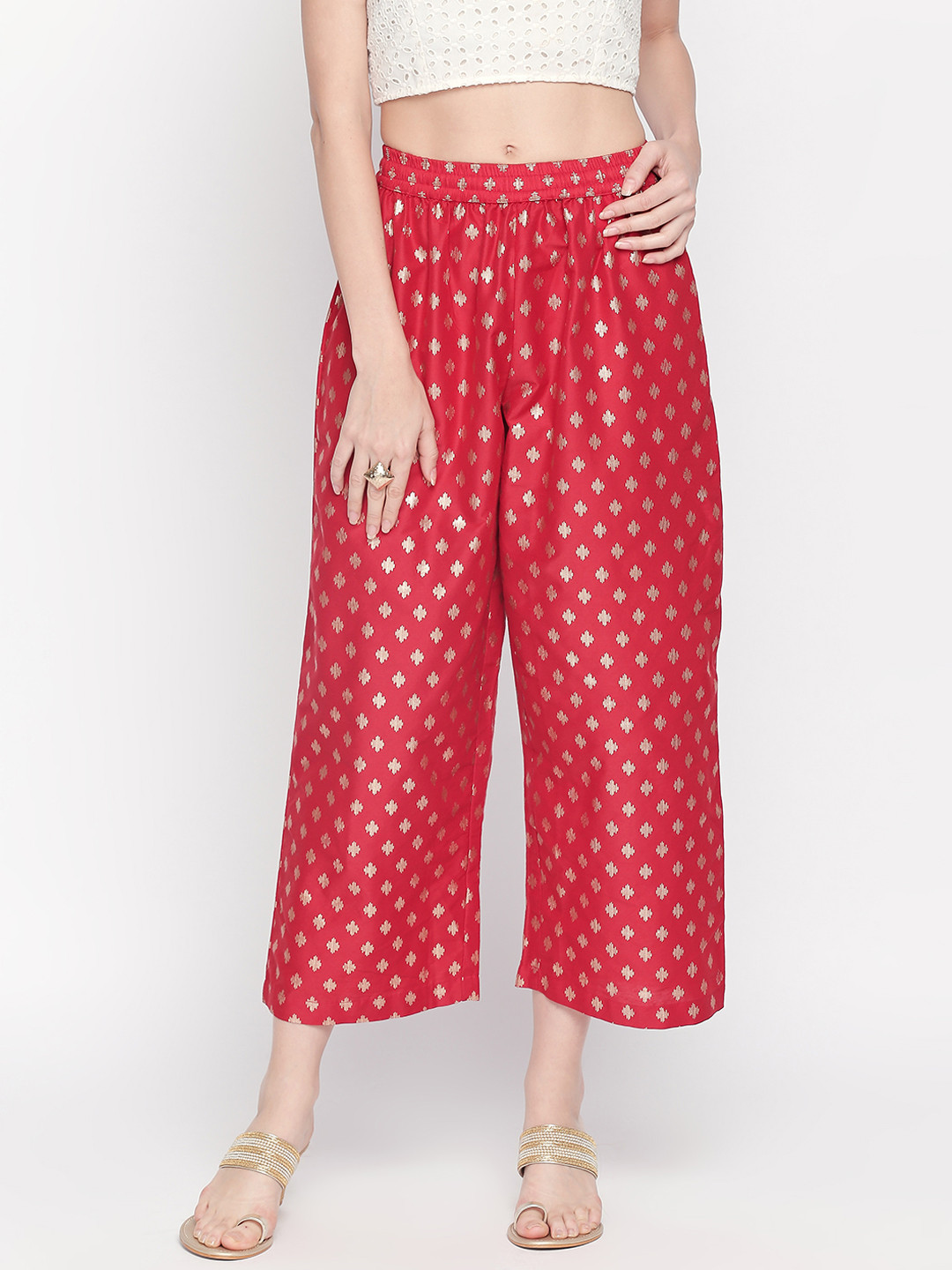 

RANGMANCH BY PANTALOONS Women Red & Gold-Toned Regular Fit Printed Parallel Trousers